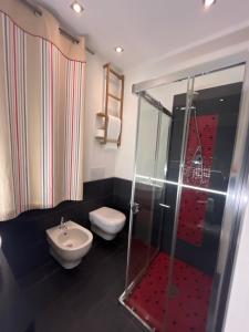 a bathroom with a shower and a toilet and a sink at Apartment Acero Rosso in Riccò del Golfo di Spezia