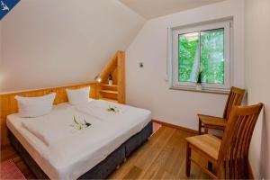 a bedroom with a bed and a window and a chair at Waldsiedlung Kontraste in Korswandt