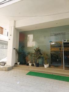 新德里的住宿－Hotel Ambience Palace Near IGI Airport Delhi，窗户上装有盆栽植物的商店前