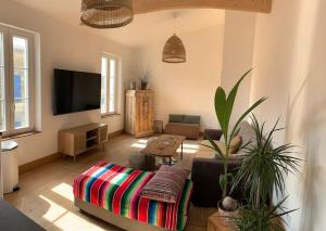 ein Wohnzimmer mit Sofa und Fernseher in der Unterkunft Maison de ville avec terrasse in Saint-Denis-dʼOléron