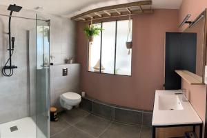 ein Badezimmer mit Toilette, Waschbecken und Dusche in der Unterkunft Maison de ville avec terrasse in Saint-Denis-dʼOléron