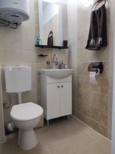 a bathroom with a toilet and a sink at Maya's Airport Apartment in Sofia