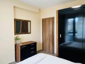 ein Schlafzimmer mit einem Bett, einem Spiegel und einer Kommode in der Unterkunft Malinova Stylish Apartment in Sofia