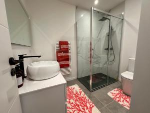 a bathroom with a glass shower and a sink at Charmant duplex au Pouliguen in Le Pouliguen