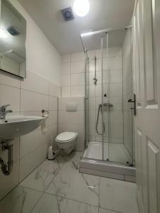 a bathroom with a shower and a toilet and a sink at Safran Apartments Gunzburg in Günzburg