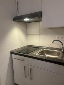 a small kitchen with a sink and a stove at Safran Apartments Gunzburg in Günzburg