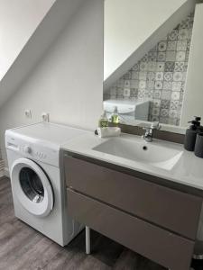 een badkamer met een wasmachine en een wastafel bij La Maison d Elodie in Vierzon