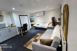 a living room with a couch and a bed and a kitchen at A Cosy Deluxe Size Studio With Queen size and Sofa Bed in Leeds