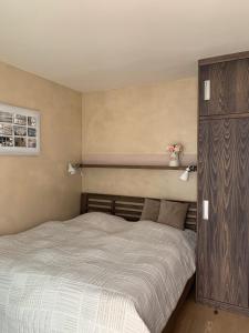 巴德加斯坦的住宿－Haus Lothringen, TOP 8，一间卧室配有一张床和一个木制橱柜
