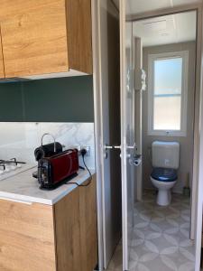 La salle de bains est pourvue d'un lavabo et de toilettes. dans l'établissement Mobile-home tout équipé avec Jacuzzi, à Porto-Vecchio