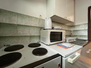 a kitchen with a stove with a microwave on it at Apartments Babić in Rab