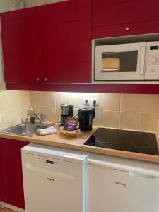 a kitchen with red cabinets and a sink at Appartement 4 pers1 chb Résidence du Lac vue sur les bois in Monflanquin