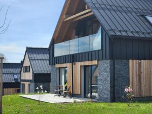 a house with a black roof and glass windows at Apartmán Magnolie in Chlum