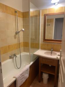 ein Badezimmer mit einer Dusche, einer Badewanne und einem Waschbecken in der Unterkunft Appartement 4 pers1 chb Résidence du Lac vue sur les bois in Monflanquin