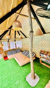 um quarto com uma palmeira numa tenda em Kijani Cottages - In Diani em Diani Beach