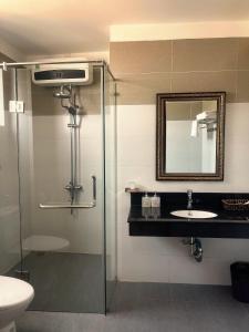 Ðông Hà的住宿－Khách sạn HOÀ BÌNH QUẢNG TRỊ，带淋浴、盥洗盆和镜子的浴室