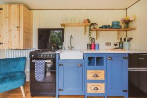eine blaue Küche mit einer Spüle und einem Herd in der Unterkunft The Hideaway at Hidden Wood Glamping in Corsley + 18 Fotos