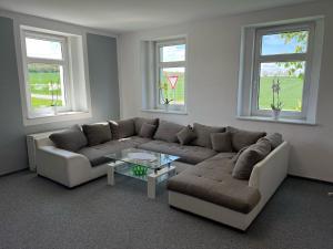uma sala de estar com um sofá e uma mesa de centro em Berzi Ferienwohnung 002 Görlitz em Markersdorf