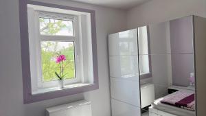 une salle de bain avec un vase avec une fleur dans une fenêtre dans l'établissement Berzi Ferienwohnung 2 Görlitz, à Görlitz