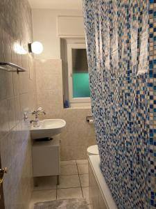 een badkamer met een toilet, een wastafel en een douche bij Molino Nuovo in Vacallo