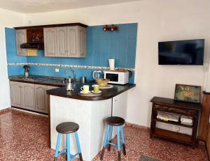 a kitchen with a counter with stools and a microwave at Casa Los Palitos in Monte de Breña