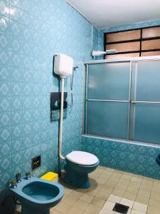 uma casa de banho azul com um WC e um lavatório em Renty Herrera em Assunção