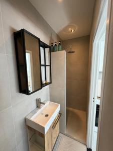 een badkamer met een wastafel en een douche bij Tiny Home in Aalsmeer