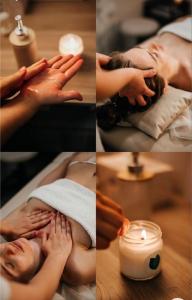 a collage of four pictures of a woman getting a massage at The Queen Airport Hotel in Arnavutköy