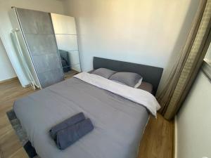 een slaapkamer met een groot wit bed en een spiegel bij Appartement - Nanterre in Nanterre