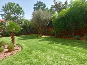 un patio con césped, árboles y una valla en Appartement 55, en Marrakech