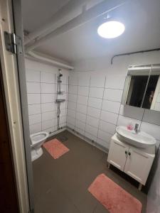 Lägenheter i Luleå في لوليا: حمام مع حوض ومرحاض ومرآة