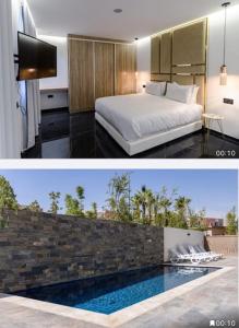 ein Schlafzimmer mit einem Bett und einem Pool in der Unterkunft Villa panorama in Marrakesch