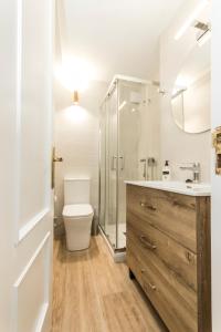 Un baño con inodoro y ducha de cristal. en Piso Muralla Romana, en León