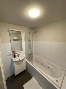 een badkamer met een wastafel, een douche en een bad bij Herberg de Wildeman in Lemmer