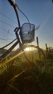 a bike with a basket sitting in the grass at REFUGIO PIEMONTE Chalés in Socorro