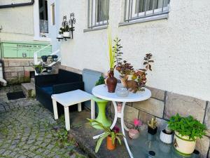 une table avec des plantes à côté d'un bâtiment dans l'établissement Gemütliche Unterkunft in Baden-Baden direkt am Schwarzwald, à Baden-Baden