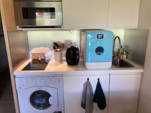 a kitchen with a washing machine and a microwave at La marmotte: Vue Mont Blanc, terrasse, parking in Combloux