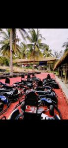 una fila de motocicletas estacionadas en una alfombra roja con palmeras en Koh RhongSunshine Resort2 en Phumĭ Kaôh Rŏng