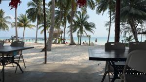 two tables on a beach with palm trees and the ocean at Koh RhongSunshine Resort2 in Phumĭ Kaôh Rŏng