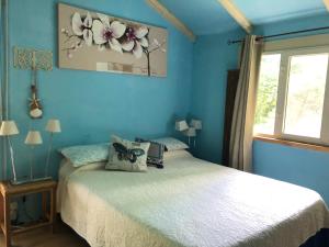 a bedroom with blue walls and a bed with butterfly pillows at Casale Fedele Family Relax B&B Vicino al Borgo in Ronciglione