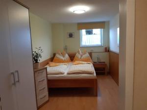 een slaapkamer met een bed met kussens en een raam bij Gemütliches Appartement in Abtenau mit Garten und Terrasse in Abtenau