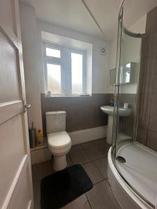 a bathroom with a toilet and a sink and a shower at 2 Bed Apartment in Barking with free Parking and WIFi in Ilford