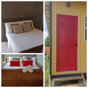 a red door next to a bed and a bed with pillows at Quiet and cozy cunuco guesthouse in Savaneta in Savaneta