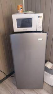 Un four micro-ondes est installé au-dessus d'un réfrigérateur. dans l'établissement Quiet and cozy cunuco guesthouse in Savaneta, à Savaneta