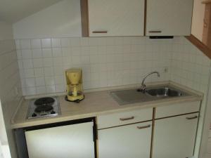 a small kitchen with a sink and a counter at Apartment für zwei Erwachsene und ein Kind mit Balkon in Bad Füssing
