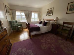 a bedroom with a bed and a chair and a window at The Mill in Dunfanaghy