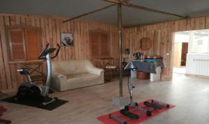 - un salon avec un canapé et un tapis de course dans l'établissement Au lézard doré, à Lamonzie-Montastruc