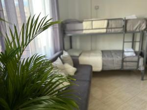 uma sala de estar com um sofá e um beliche em Hostel by Fenix Tirana em Tirana