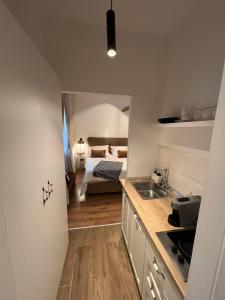 uma cozinha com um lavatório e uma cama num quarto em Studios Ani em Split