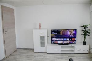 TV at/o entertainment center sa F&F Suites Ilsfeld - 3 Zimmer DG schickes Apartment - Zentral mit kostenfreien Privatparkplätzen und WLAN